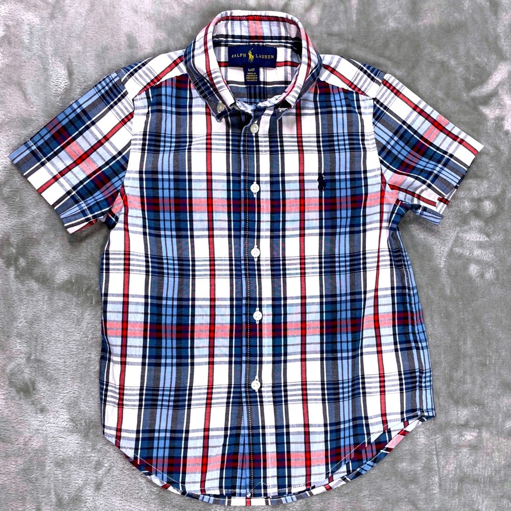 Ralph Lauren Boys 4T Blue White Red Tartan Plaid Short Sleeve Button Down Shirt